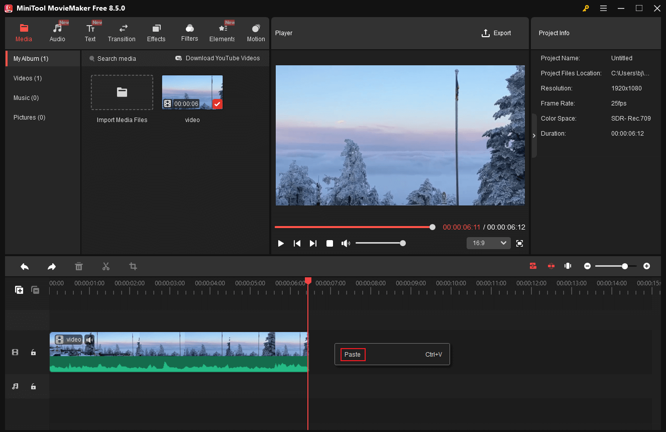 MiniTool MovieMaker interface showing how to paste a video clip on the timeline to loop a video.