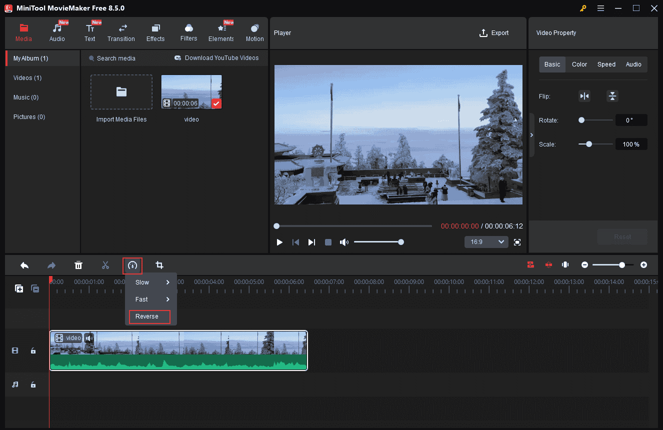 MiniTool MovieMaker interface showing how to reverse a video from the Speed dropdown menu.