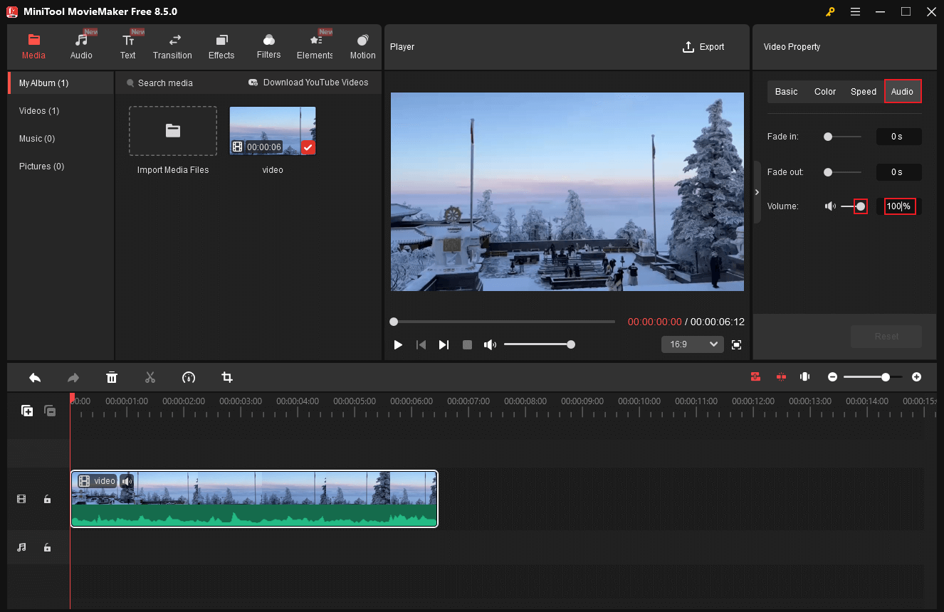 MiniTool MovieMaker interface showing how to change audio volume by dragging the Volume slider in the Audio section.