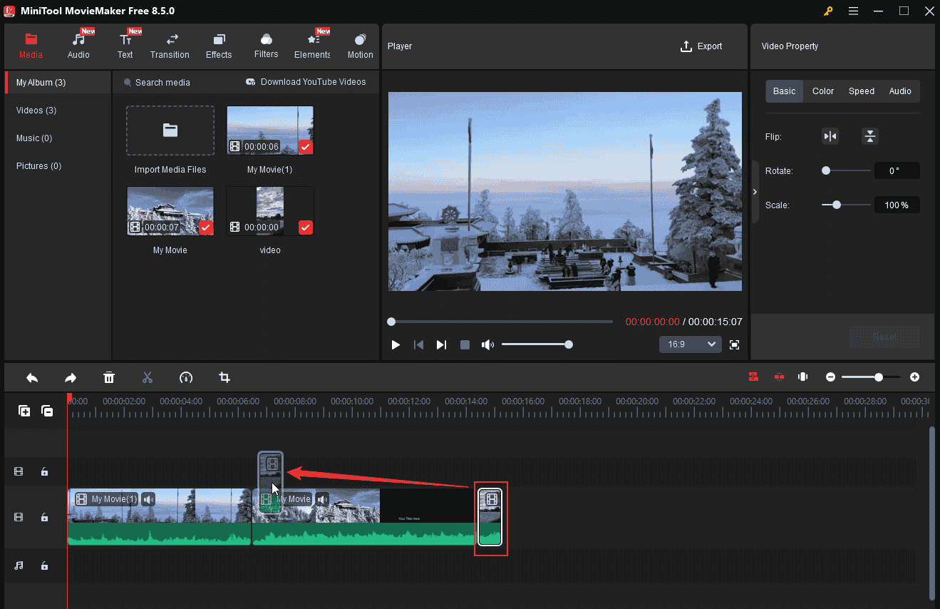 MiniTool MovieMaker interface showing how to arrange a video clip by dragging it on the timeline.