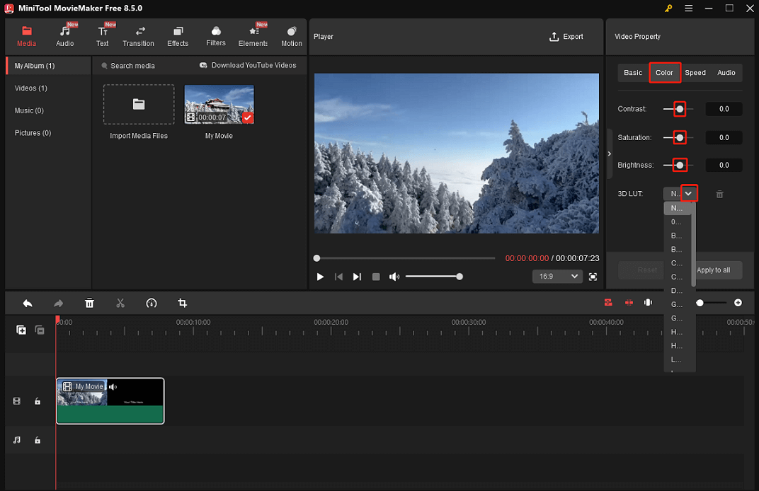MiniTool MovieMaker interface showing how to adjust video color in the Video Property’s Color section.