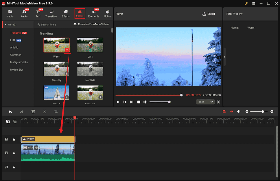 MiniTool MovieMaker interface showing how to adda filter to a video.