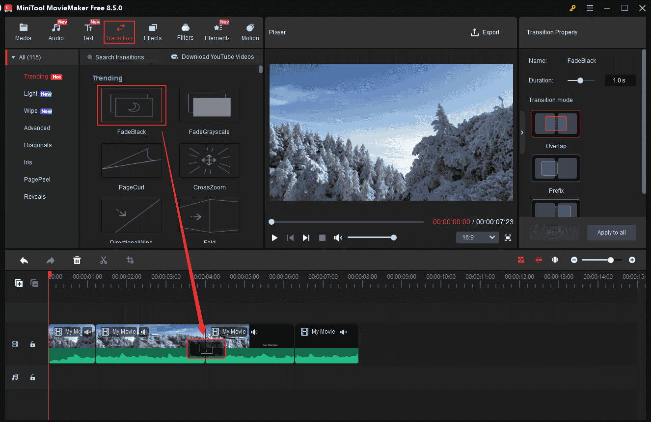 MiniTool MovieMaker interface showing how to add a transition to a video from the Transition library.