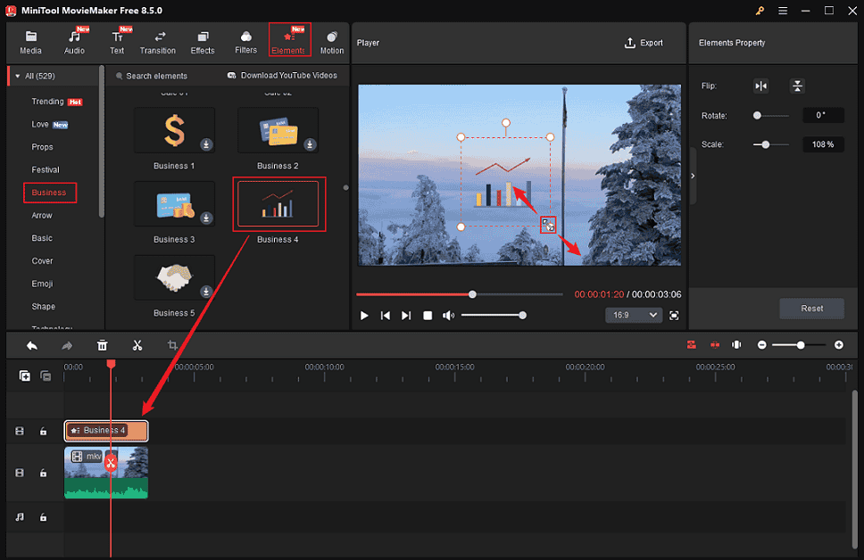 MiniTool MovieMaker interface showing how to add a chart to the video and scale it.