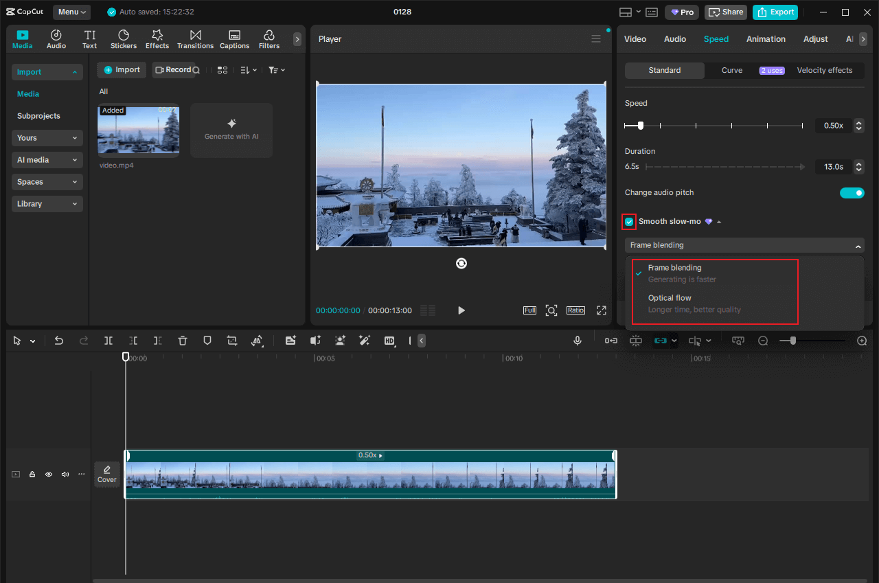 CapCut interface with the Smooth slow-mo option selected and the dropdown options displayed.
