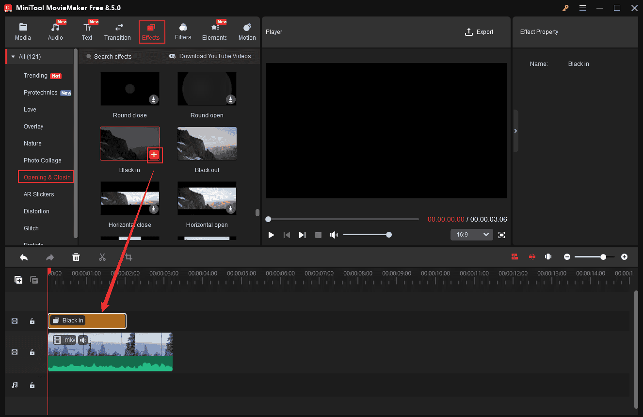 MiniTool MovieMaker interface showing how to apply a video black in from the Effects section.