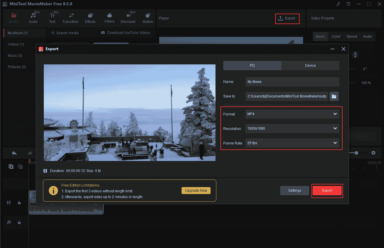MiniTool MovieMaker interface showing how to customize video parameters and export a video.