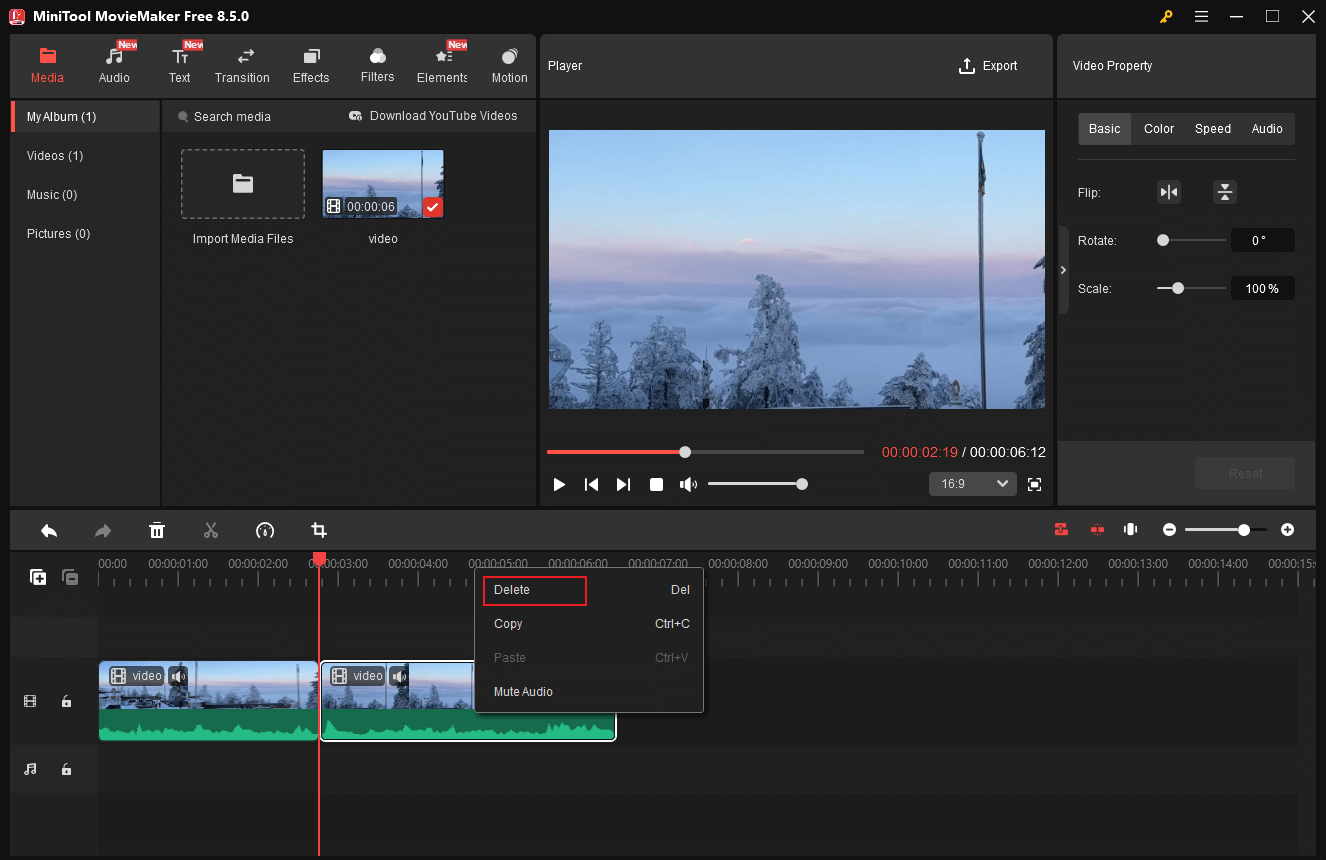 MiniTool MovieMaker showing how to delete the unwanted video clip.