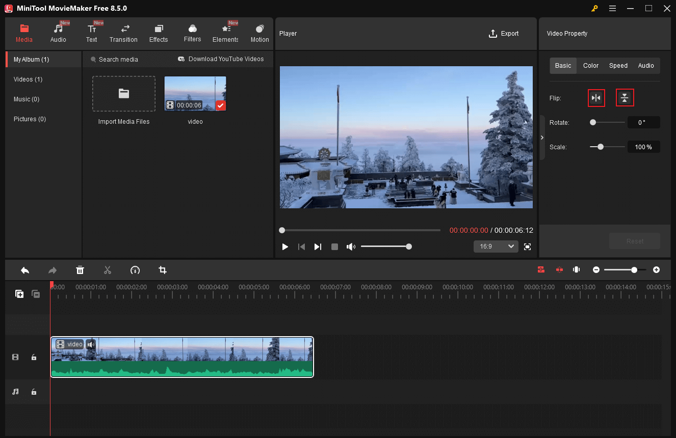 MiniTool MovieMaker interface showing how to flip a video horizontally or vertically.