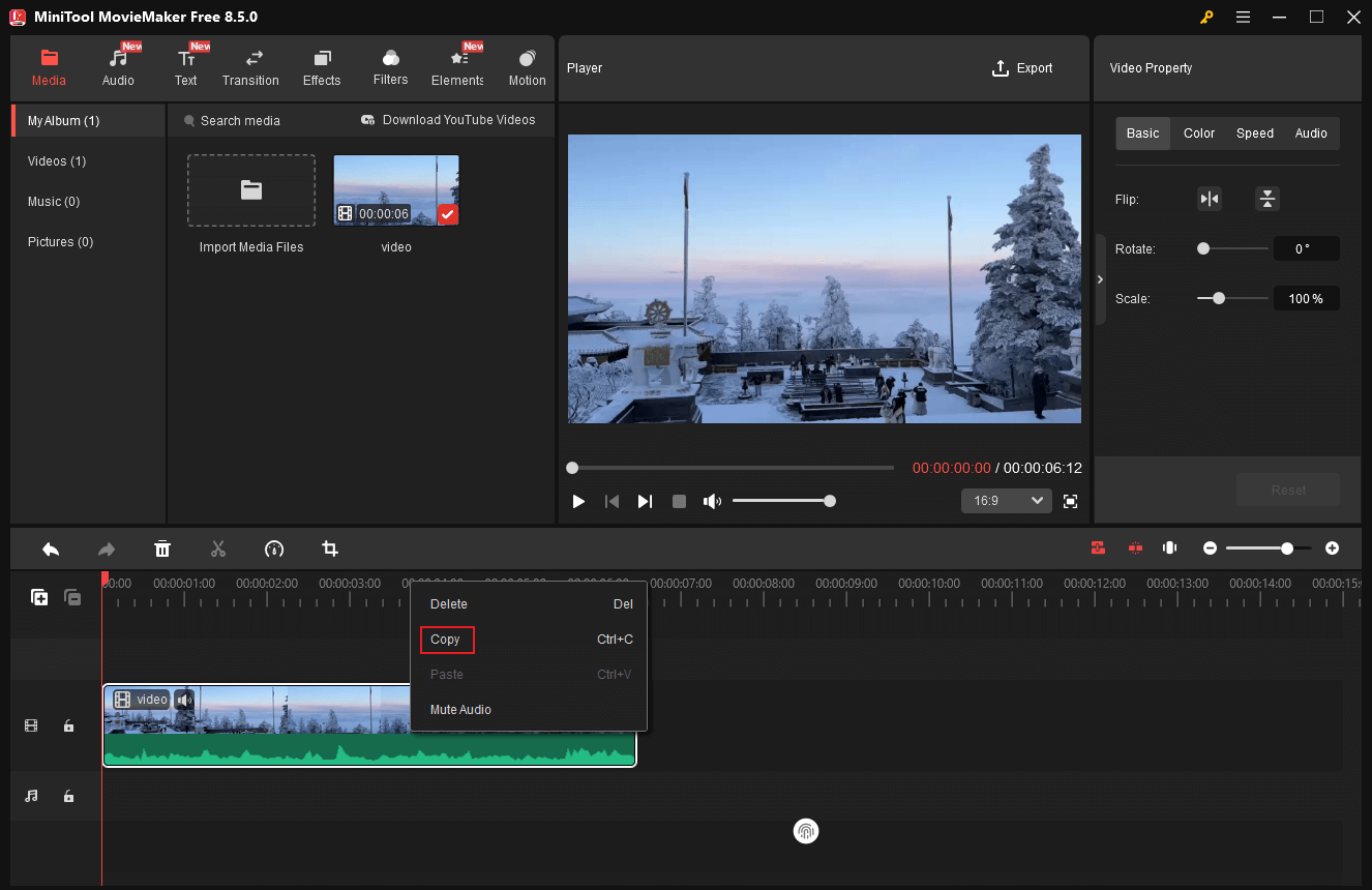 MiniTool MovieMaker interface showing how to copy a video clip on the timeline.
