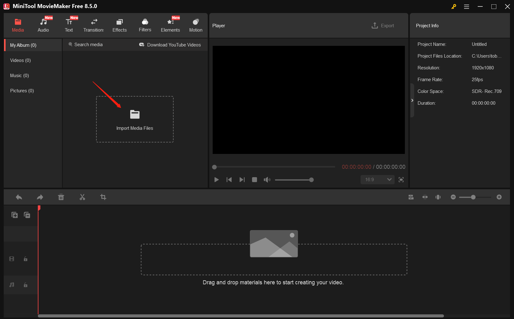 MiniTool MovieMakerメイン画面にある「Import Media Files」オプション