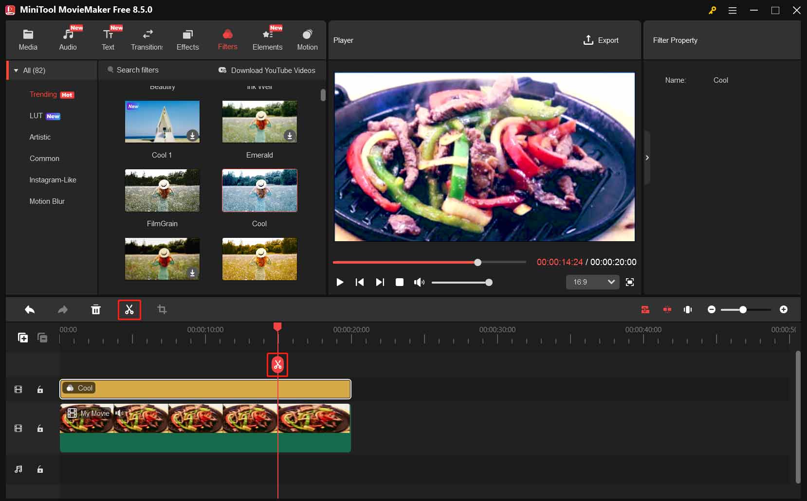 MiniTool MovieMakerのプレイヘッドとメニューバーの上にある分割ツール