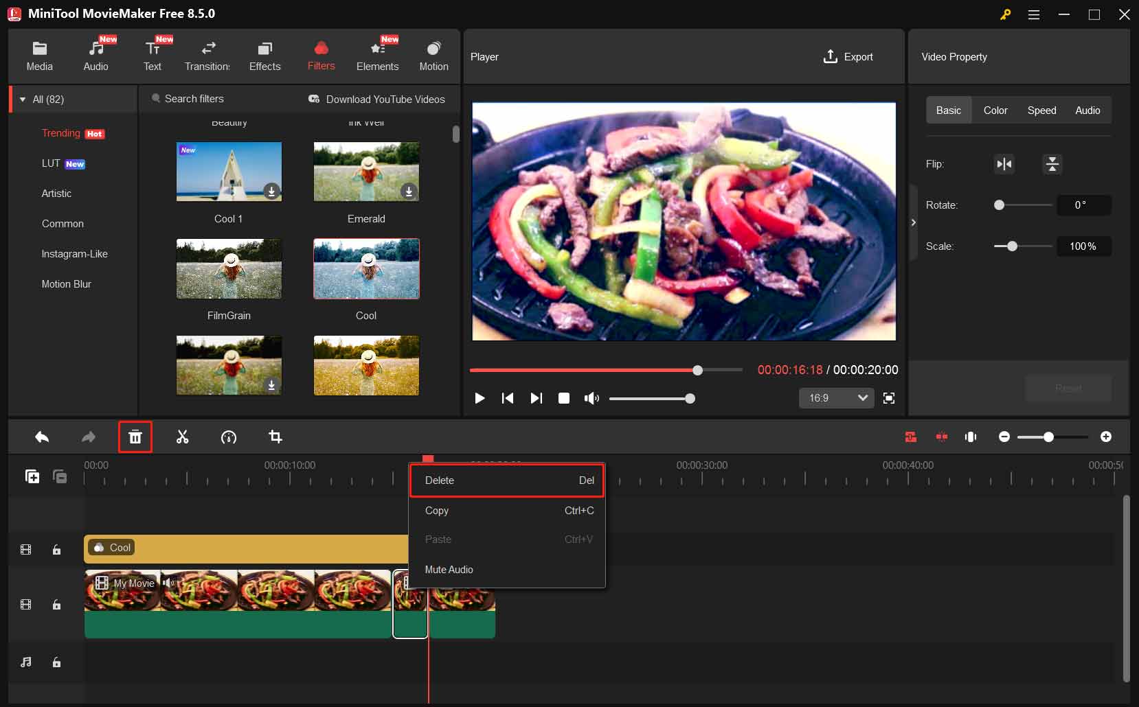 MiniTool MovieMakerでタイムラインの動画が右クリックされた状態