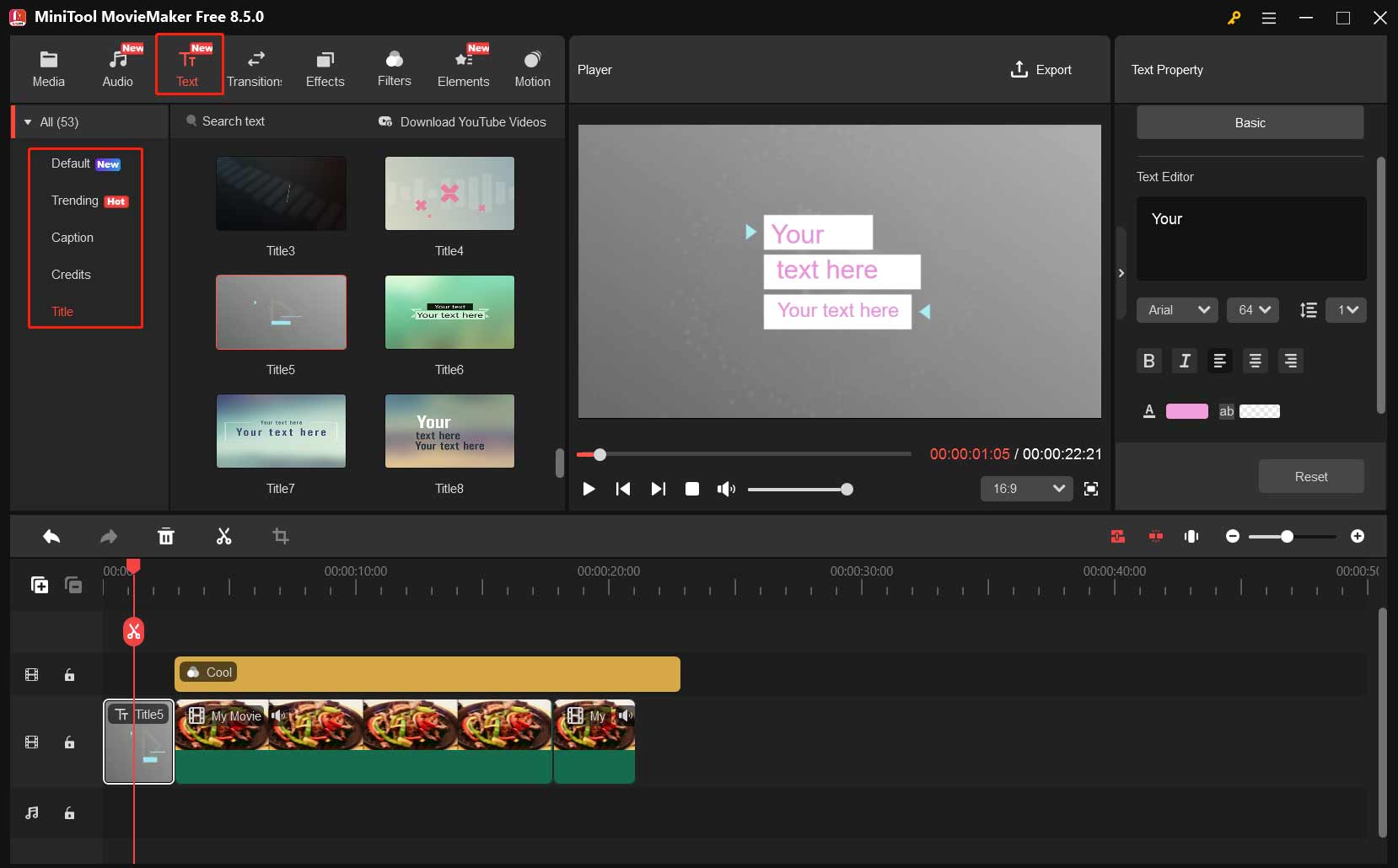 MiniTool MovieMakerでテキストが動画に追加された状態