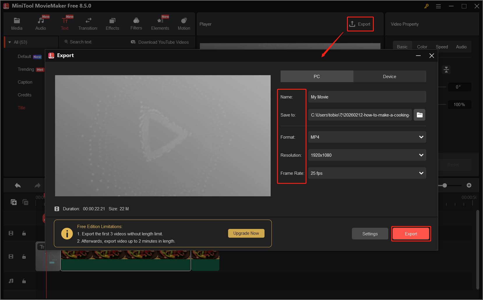 MiniTool MovieMakerでのエクスポートウィンドウ