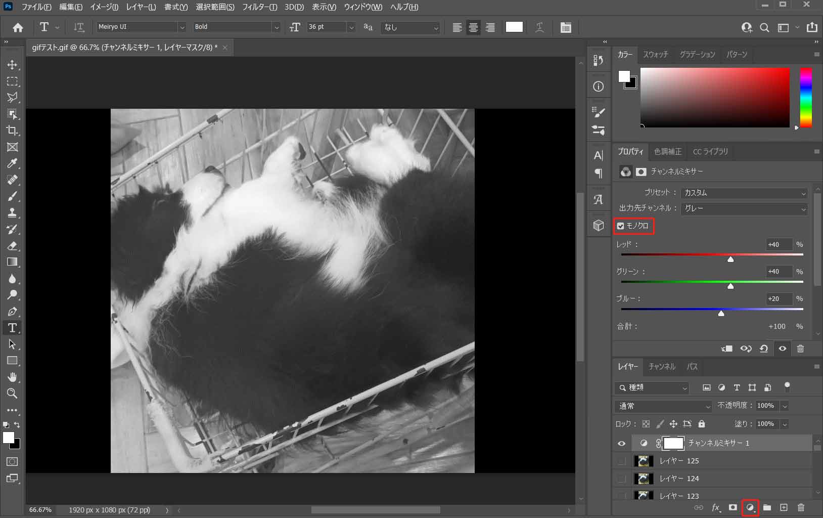 Photoshopで「モノクロ」オプションがチェックされた状態