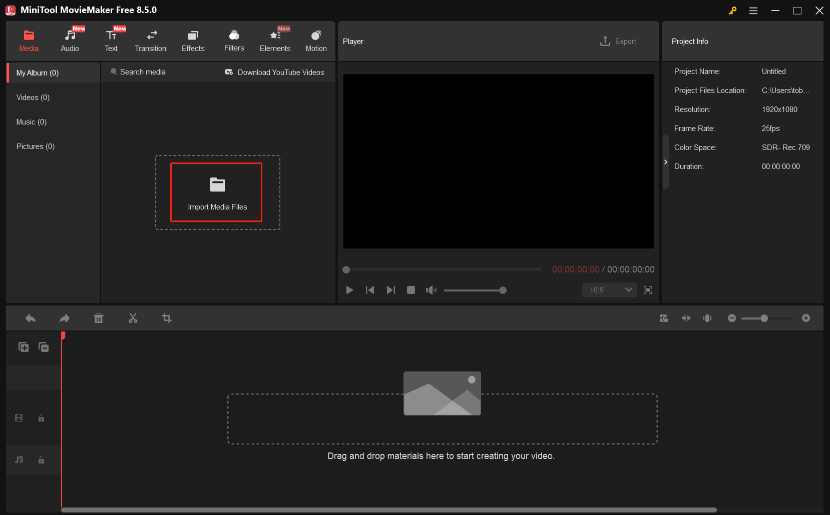 MiniTool MovieMakerメイン画面にある「Import Media Files」オプション