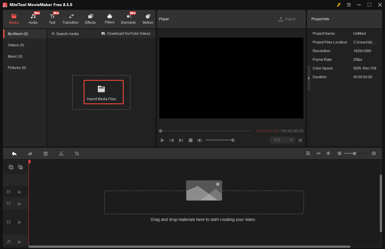 MiniTool MovieMaker interface with the selected Import Media Files option.