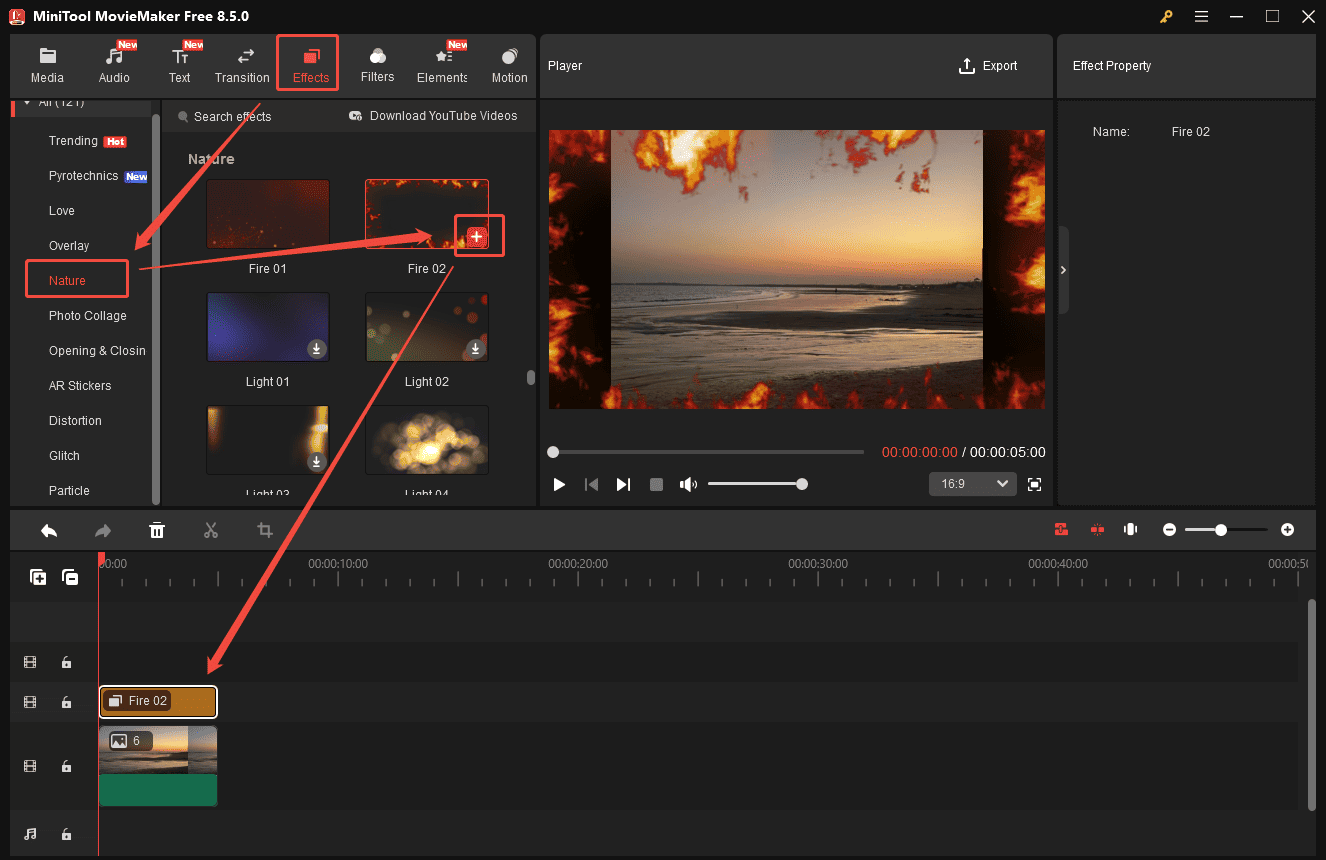 MiniTool MovieMaker interface showing how to add a frame containing a fire effect to a photo.