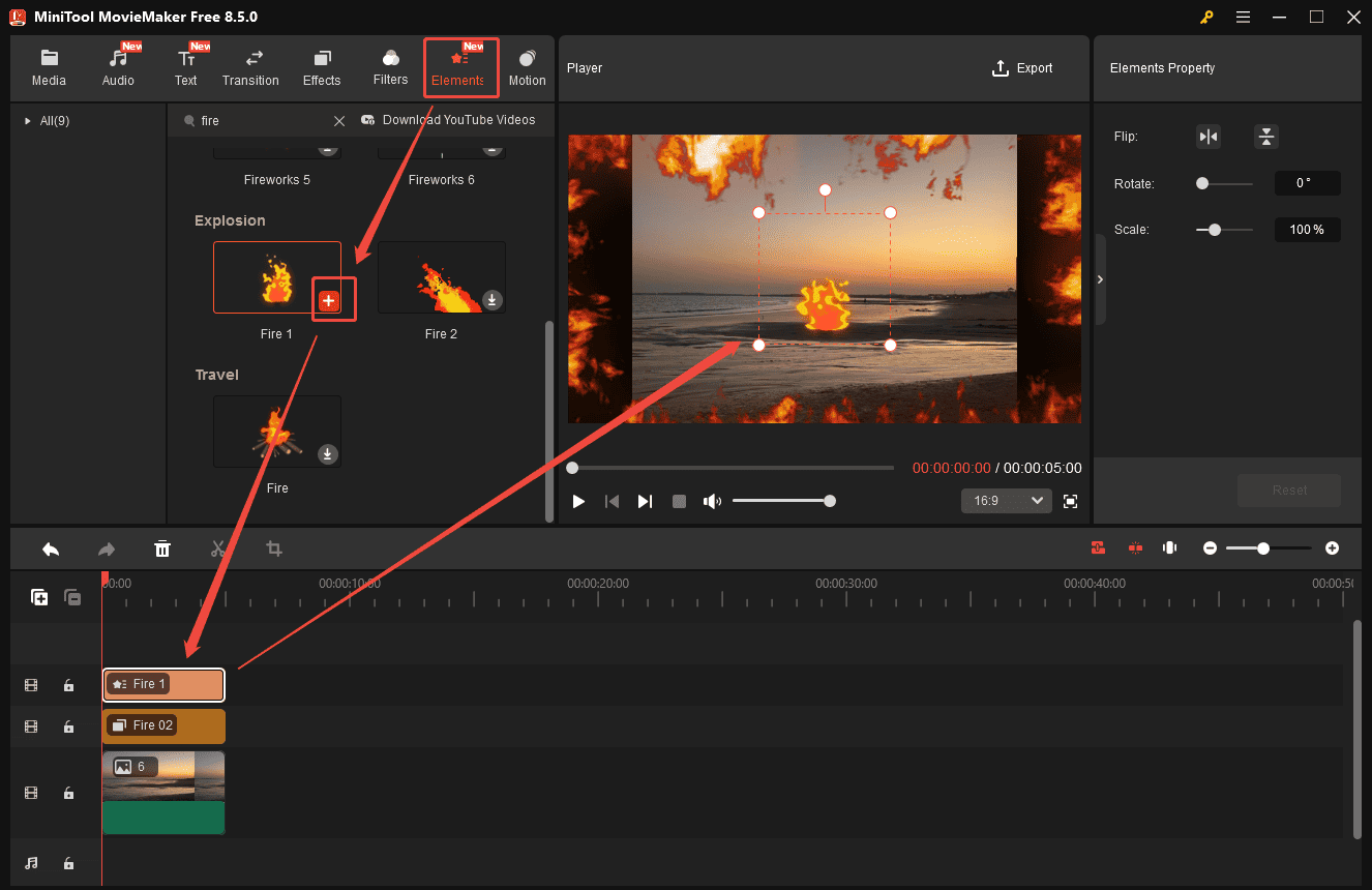 MiniTool MovieMaker interface showing how to add a fire sticker to a photo.