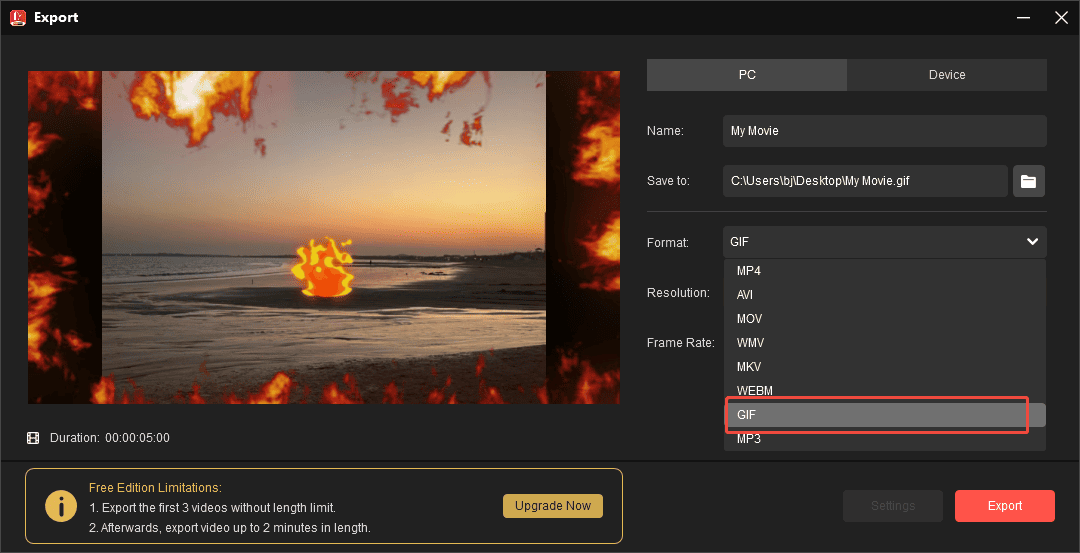 Export window of MiniTool MovieMaker with GIF format selected from the dropdown list.
