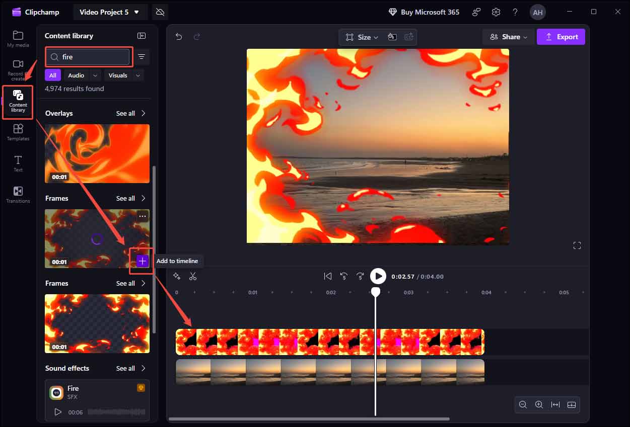 Microsoft Clipchamp interface showing how to add a frame containing a fire effect to a photo.