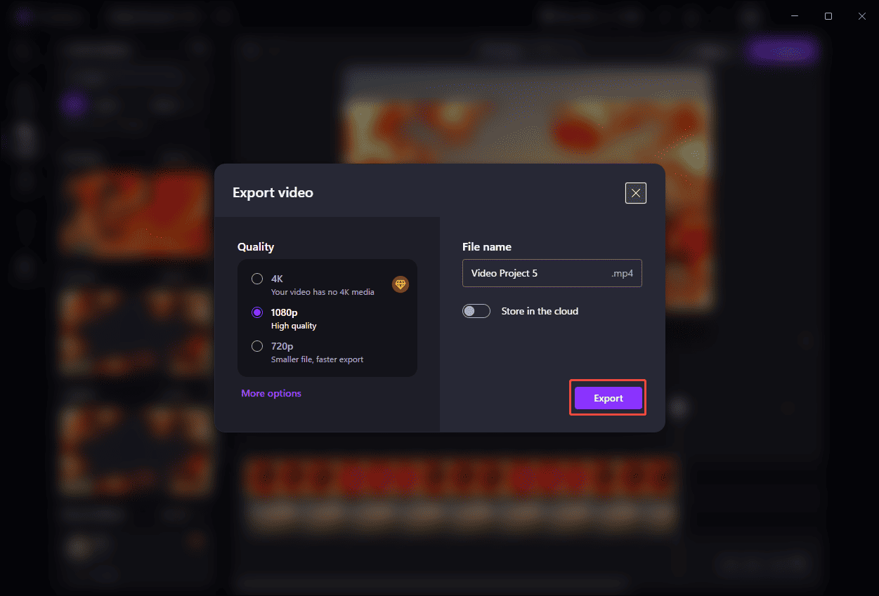 Export window of Microsoft Clipchamp with the selected Export option.