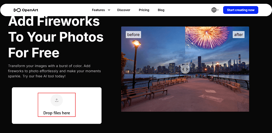 OpenArt interface with the Drop files here option selected.