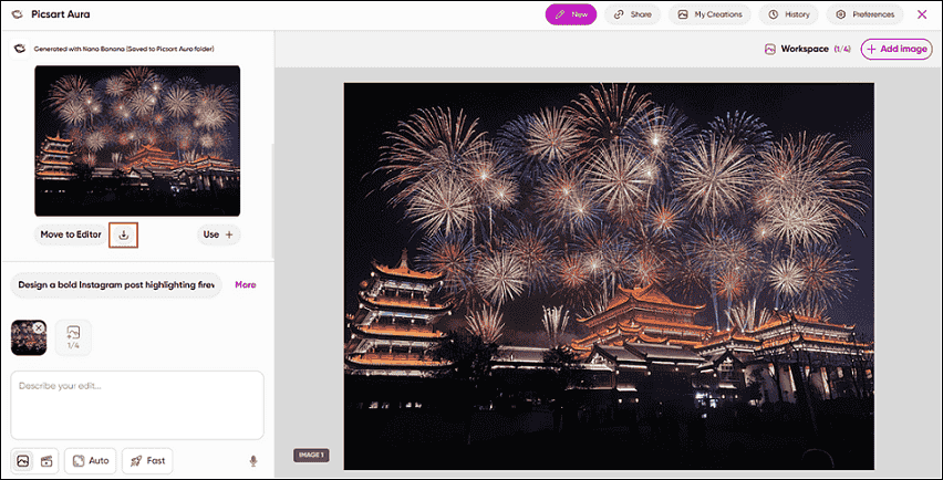 Picsart interface with the Download icon selected.