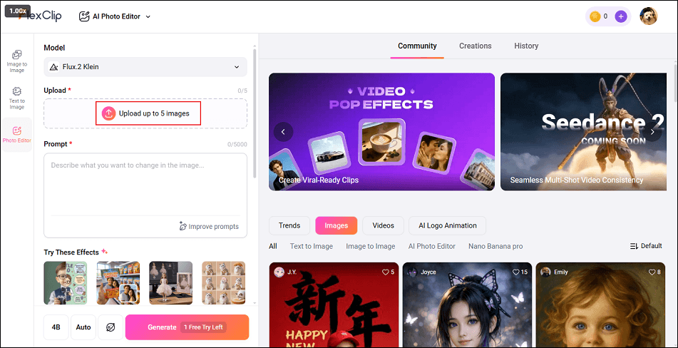 FlexClip interface with the Upload up to 5 images option selected.
