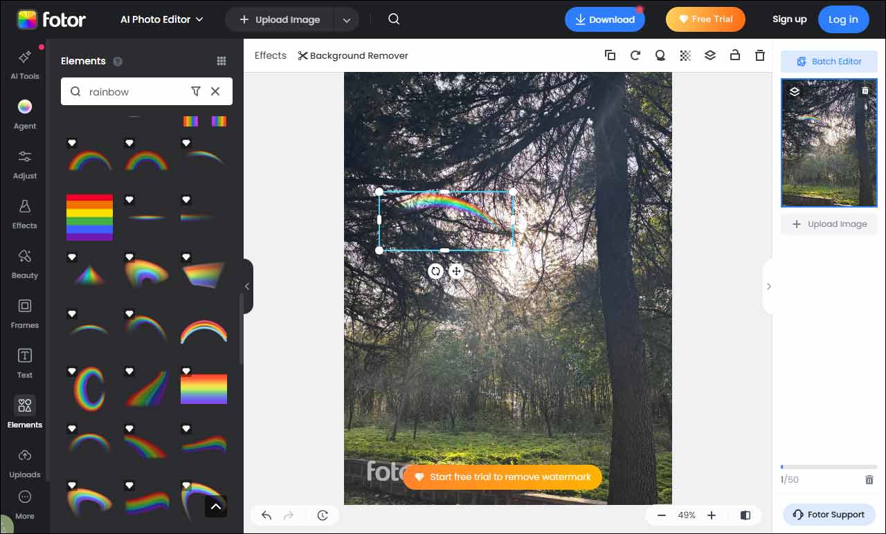 Fotor interface showing how to edit a photo with an added rainbow sticker.