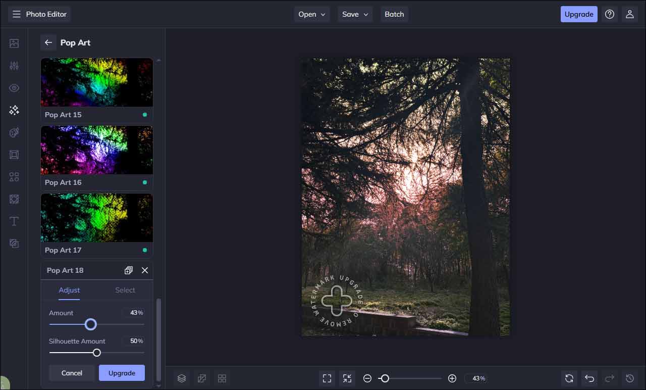 BeFunky interface showing how to adjust the rainbow filter.