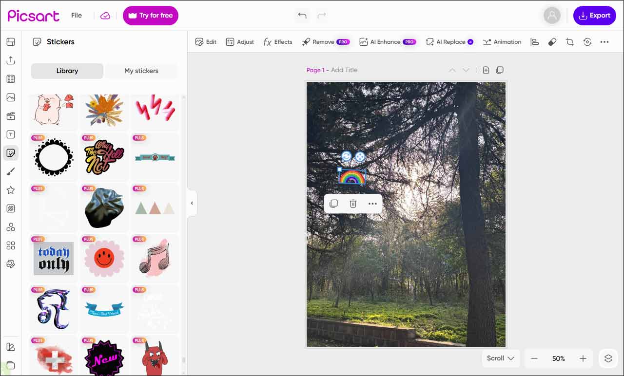 Picsart interface showing how to edit a photo with an added rainbow sticker.