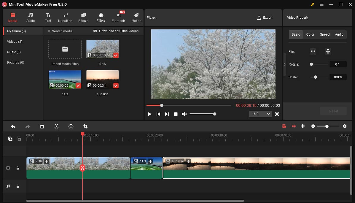MiniTool MovieMaker interface with three videos on the timeline.