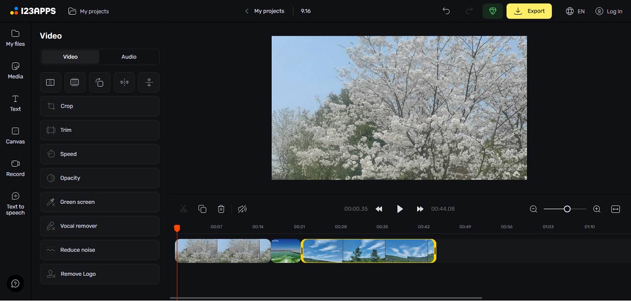 Online Video Cutter editing page with three videos on the timeline.