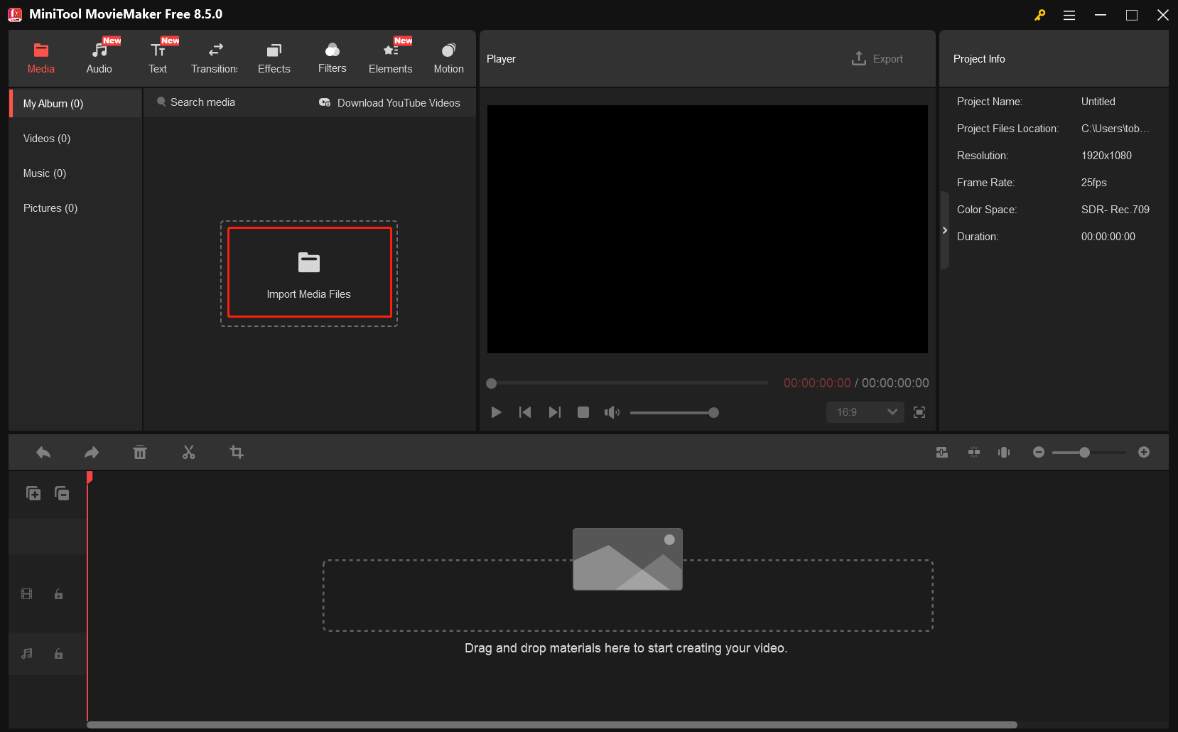 MiniTool MovieMakerのメイン画面にある「Import Media Files」オプション