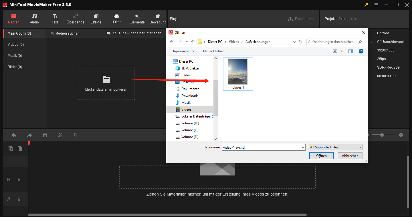 Klicken Sie auf Mediendateien importieren, um Mediendateien in MiniTool MovieMaker zu öffnen.