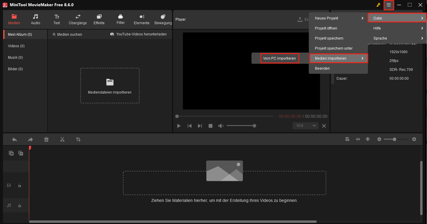 Wählen Sie diese Optionen, um Mediendateien in MiniTool MovieMaker zu importieren.