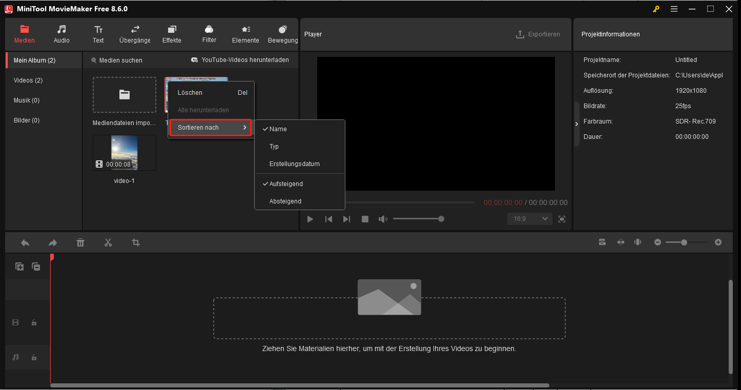 Klicken Sie auf die Option Sortieren nach, um die ausgewählten Medien in MiniTool MovieMaker zu kategorisieren.