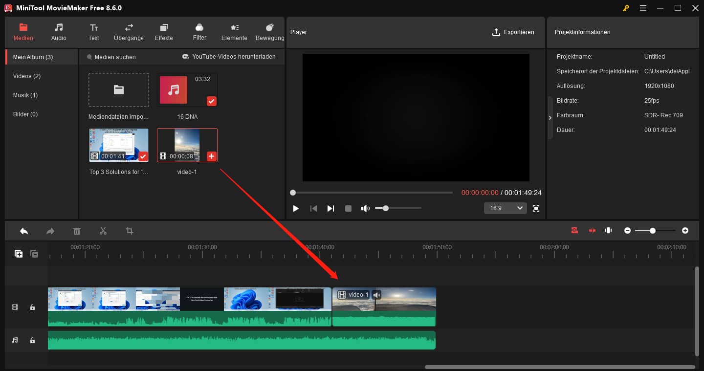 Klicken Sie auf das + Symbol beim Clip, um ihn zur Timeline in MiniTool MovieMaker hinzuzufügen.