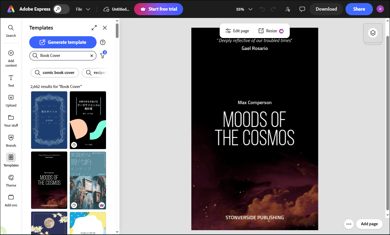 Adobe Express main interface for creating an eBook cover.