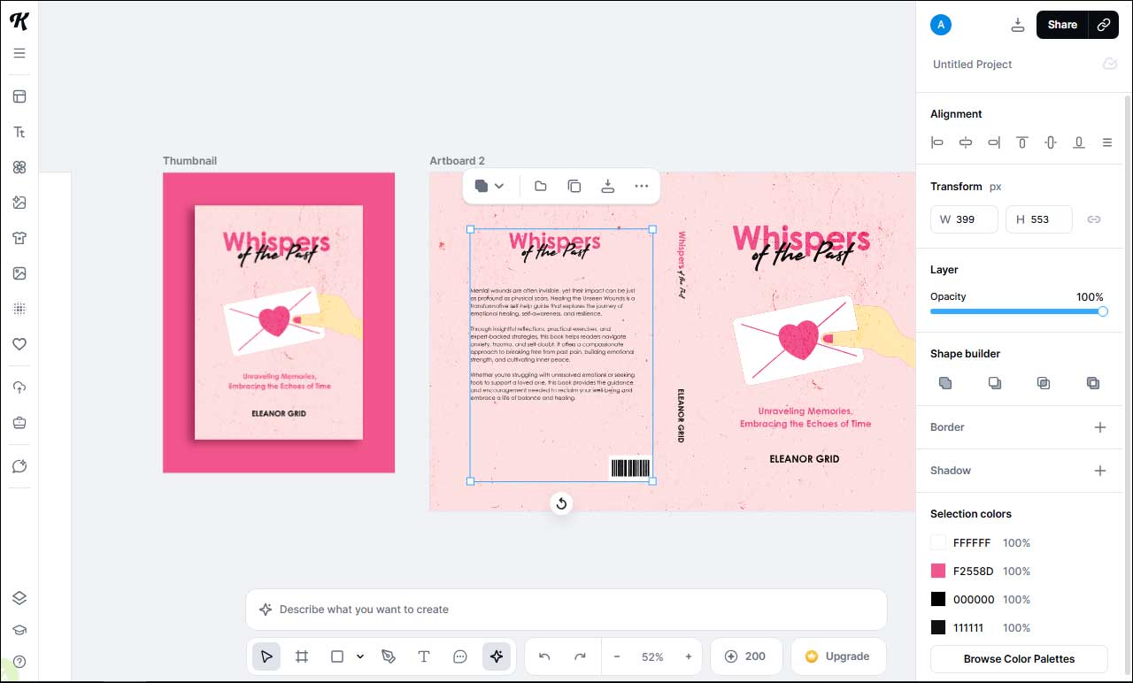Kittl main interface for creating an eBook cover.