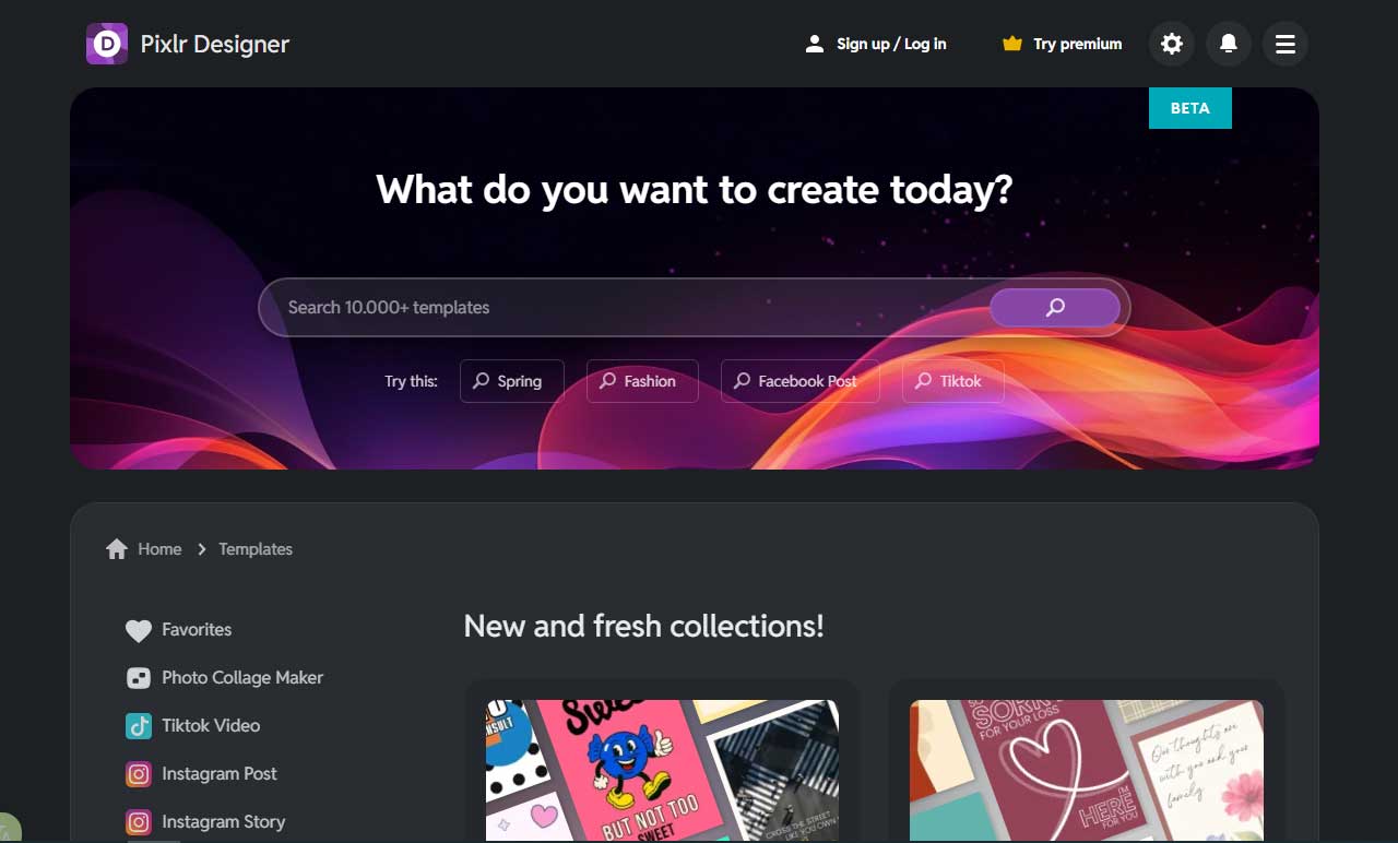 Pixlr interface showing available templates.