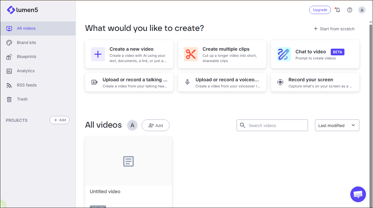 The main interface of Lumen5.