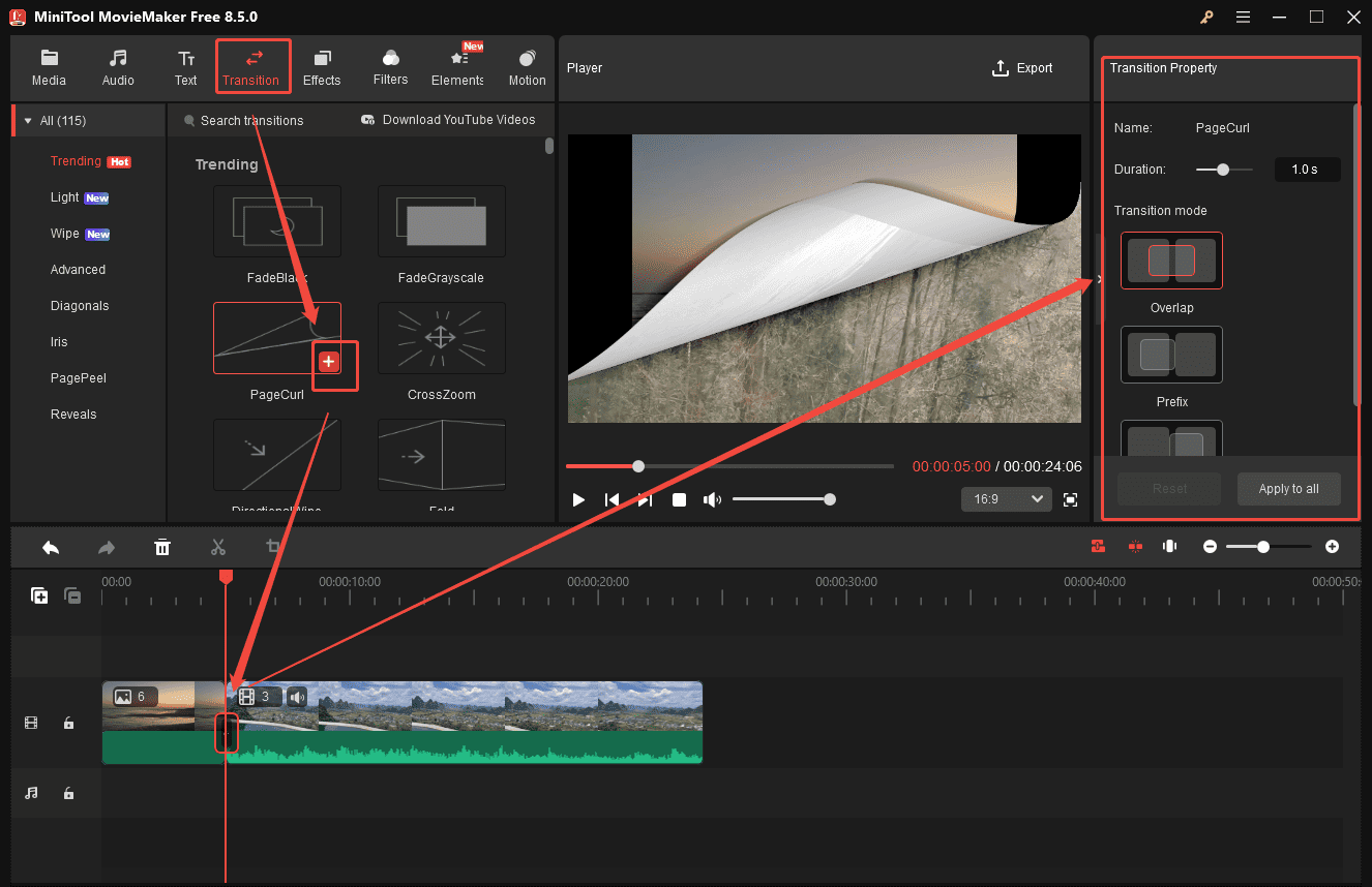 MiniTool MovieMaker interface showing how to add transitions to an eCommerce video.