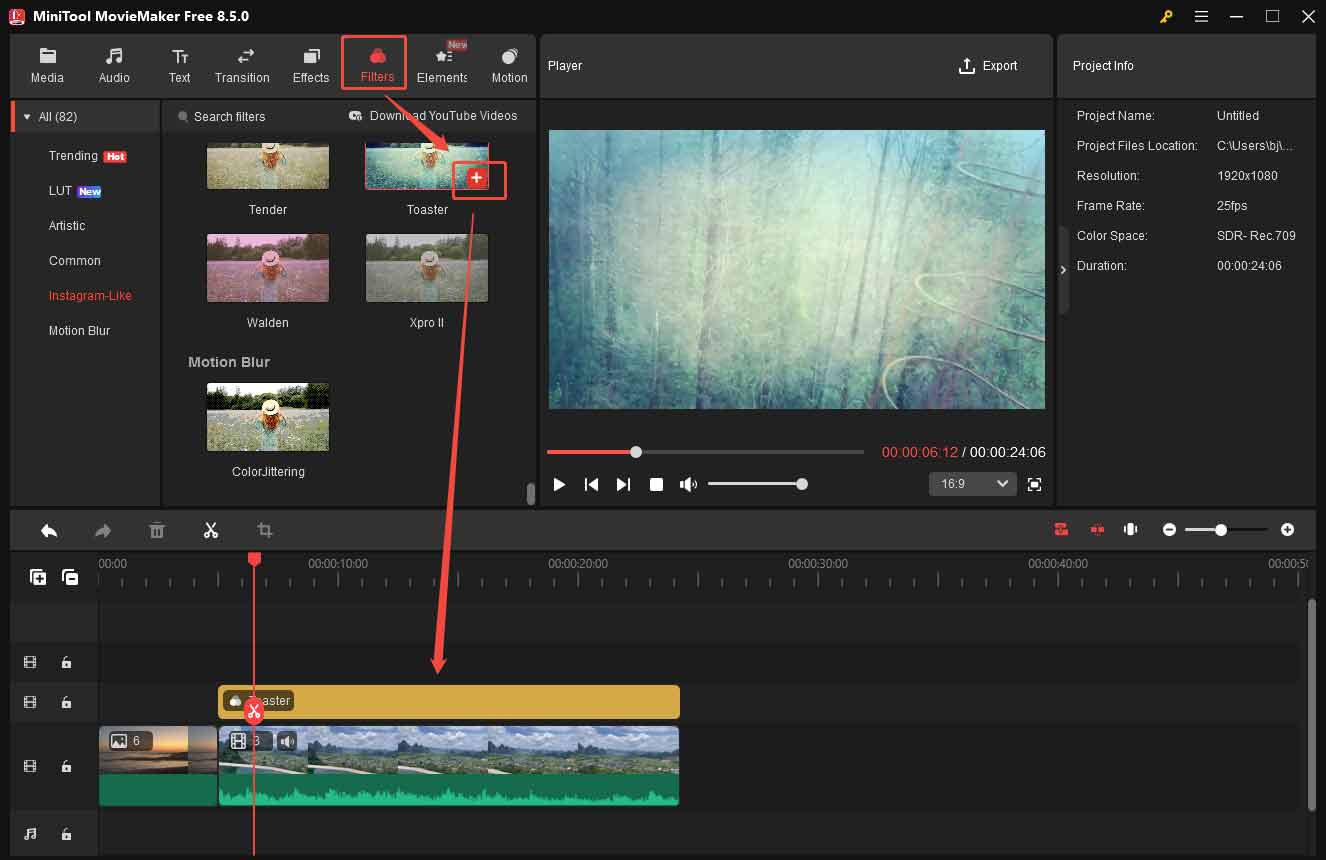 MiniTool MovieMaker interface showing how to add a filter to an eCommerce video.