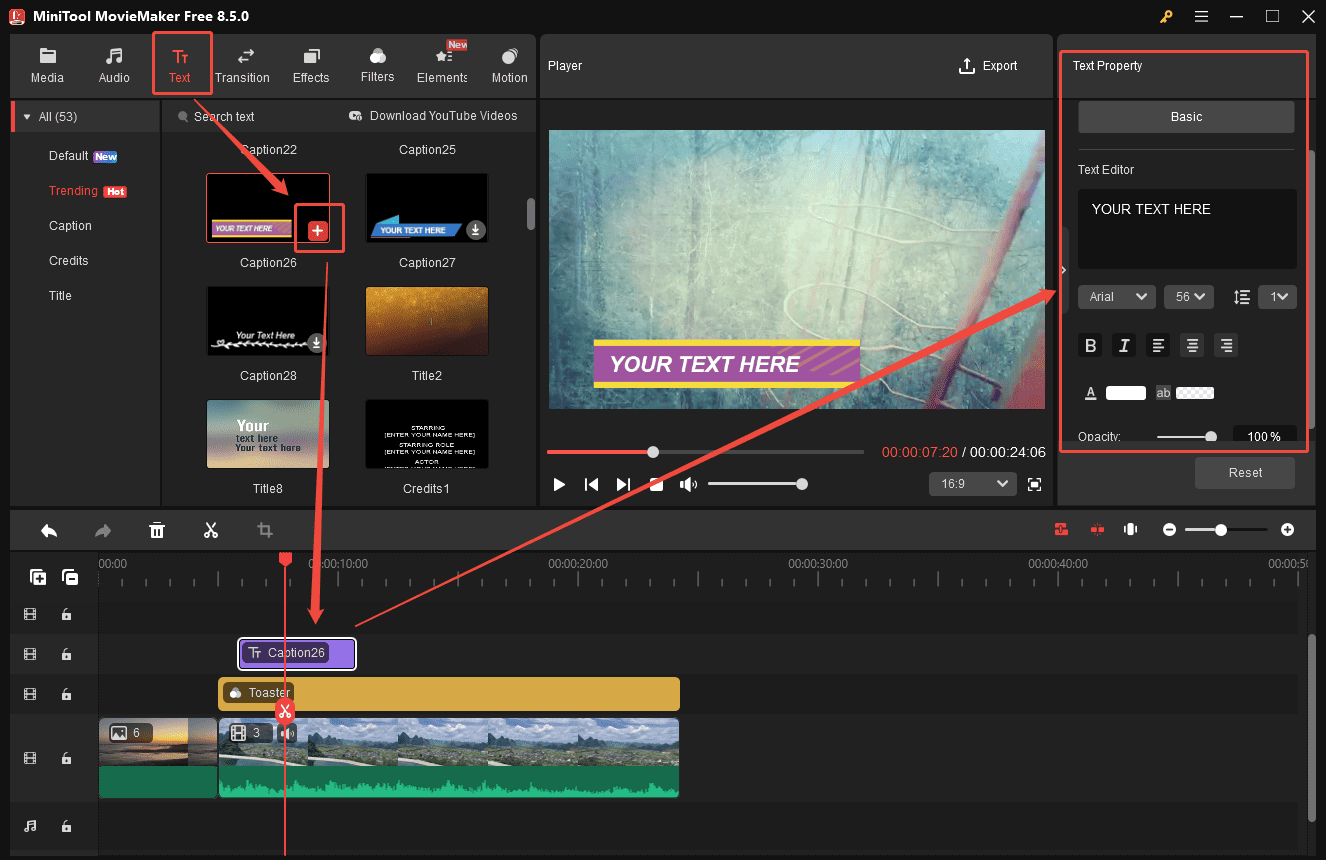 MiniTool MovieMaker interface showing how to add text to an eCommerce video.