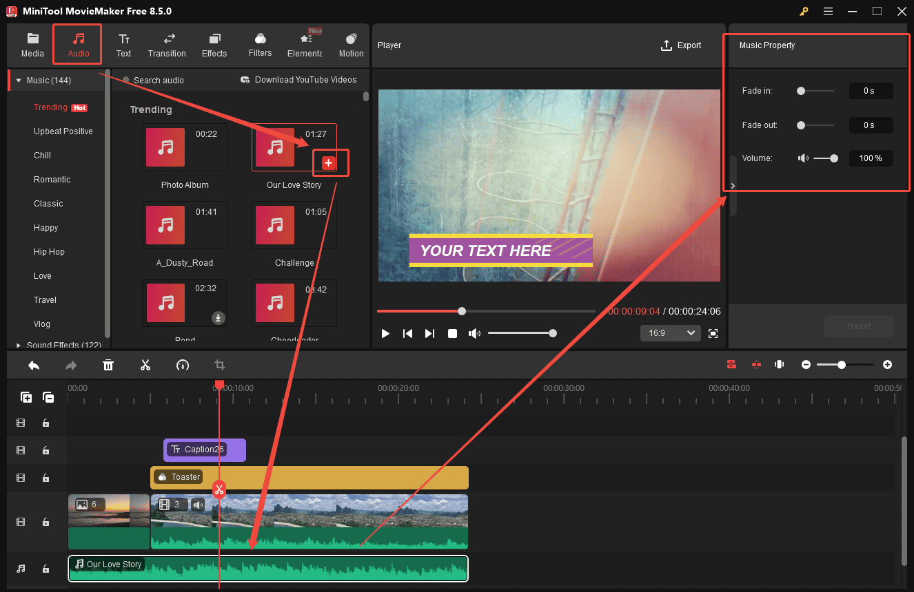 MiniTool MovieMaker interface showing how to add music to an eCommerce video.
