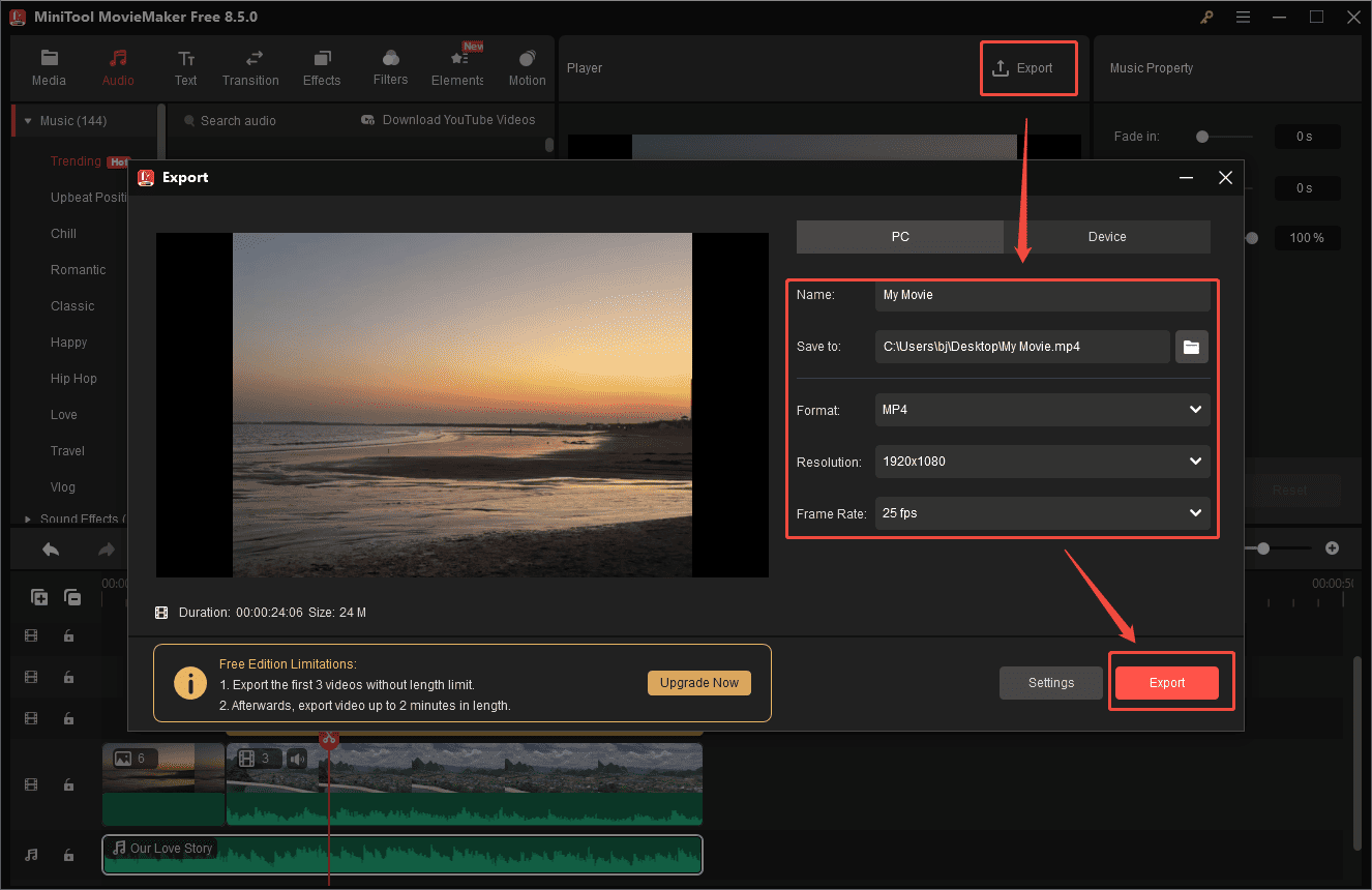 MiniTool MovieMaker interface showing how to save the eCommerce video to your computer.