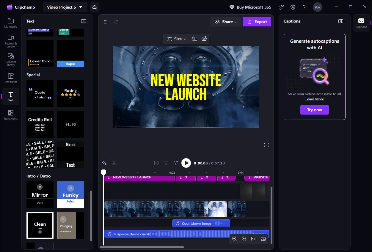 The main interface of Microsoft Clipchamp.